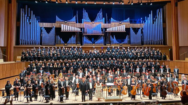The Bach Choir, the Philharmonia Orchestra, Elizabeth Watts and Roderick Williams after performing A Sea Symphony at Southbank Centre's Royal Festival Hall