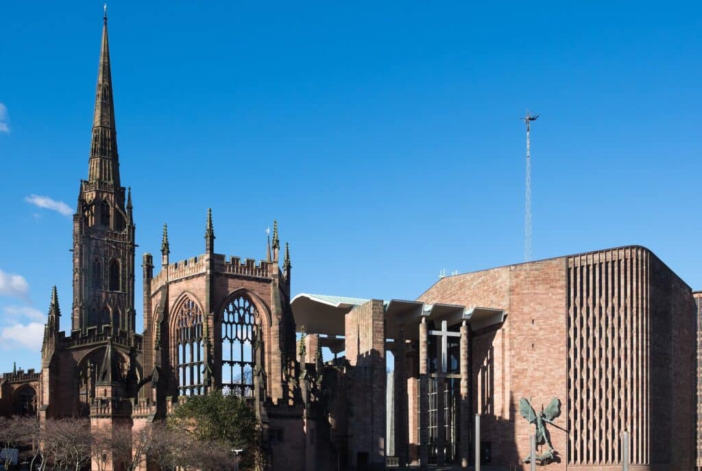 Coventry Cathedral - the left part of the image is the original cathedral which was bombed in World War II, and the right part was built in 1962